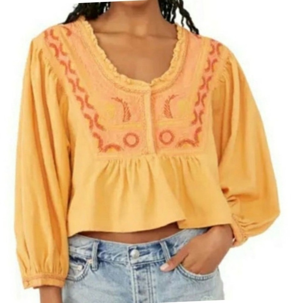 Free People Iggie Woven Crop Top NWT Oversized Small Embroidered Cairo Combo